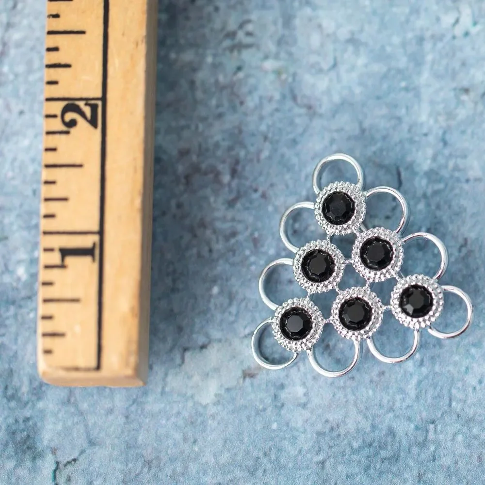 Sarah Coventry Vintage Black Rhinestone Silver Tone Floral Brooch Pin Signed